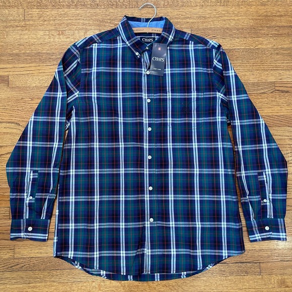 NEW Chaps Mens Shirt Green Navy Plaid Sz L Long Sleeve Button Down Easy Care - Picture 1 of 9